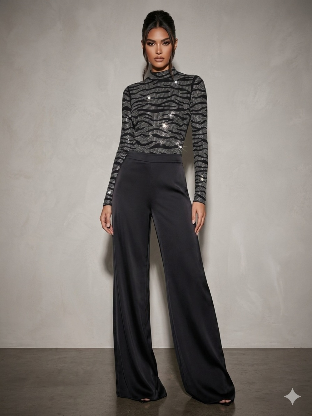 Long Sleeve Black Patterned Bodysuit